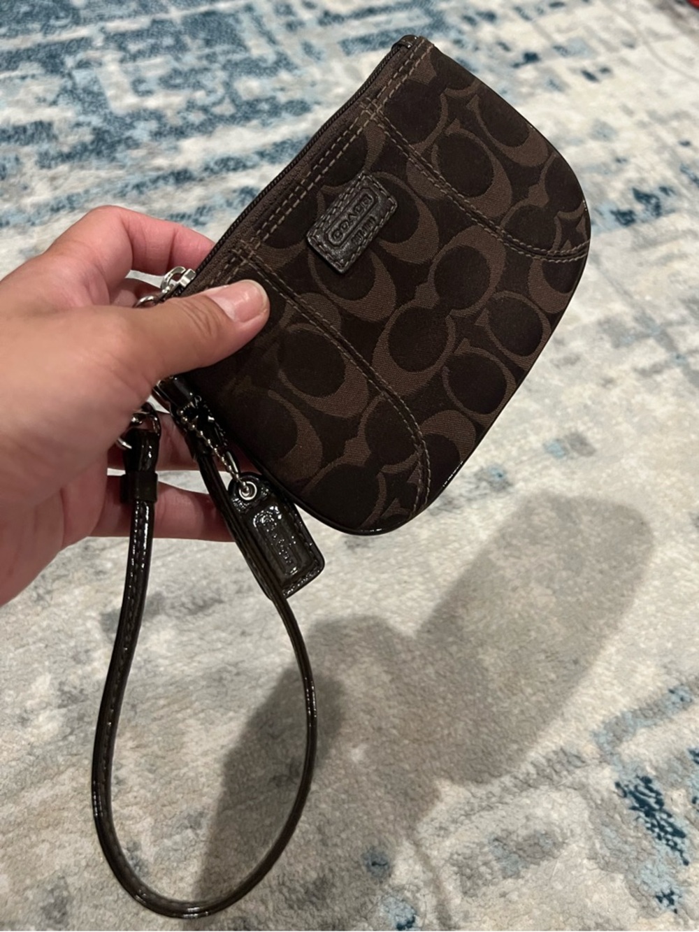 Coach Brown Signature Canvas Wristlet with Dark Brown Trim